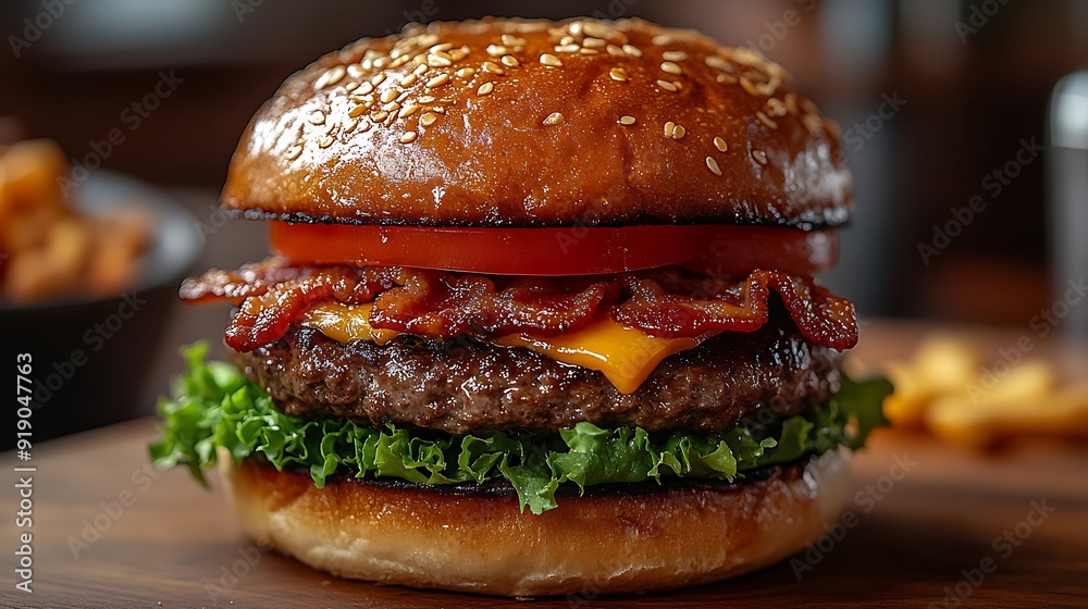 Close-up of a juicy cheeseburger with bacon, lettuce, and tomato. Close-up of a juicy cheeseburger with bacon, lettuce, and tomato.