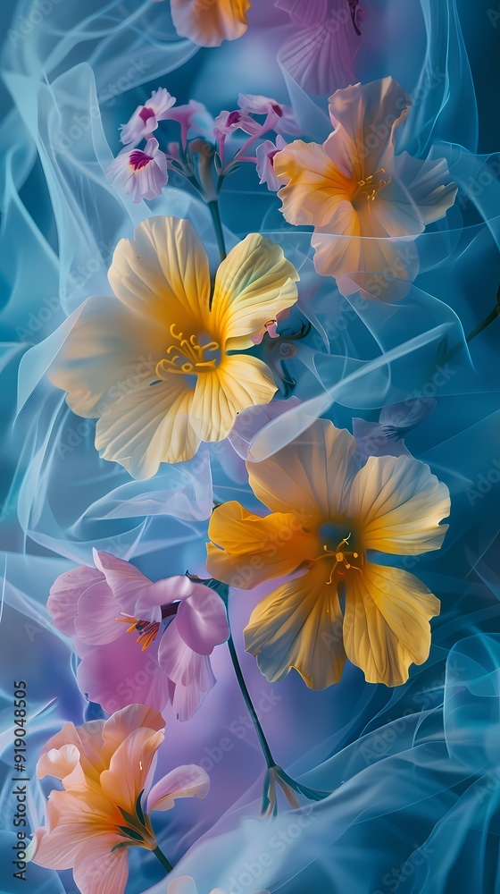 Digital blue and yellow flower fabric abstract graphics poster background with generative Digital blue and yellow flower fabric abstract graphics poster background with generative