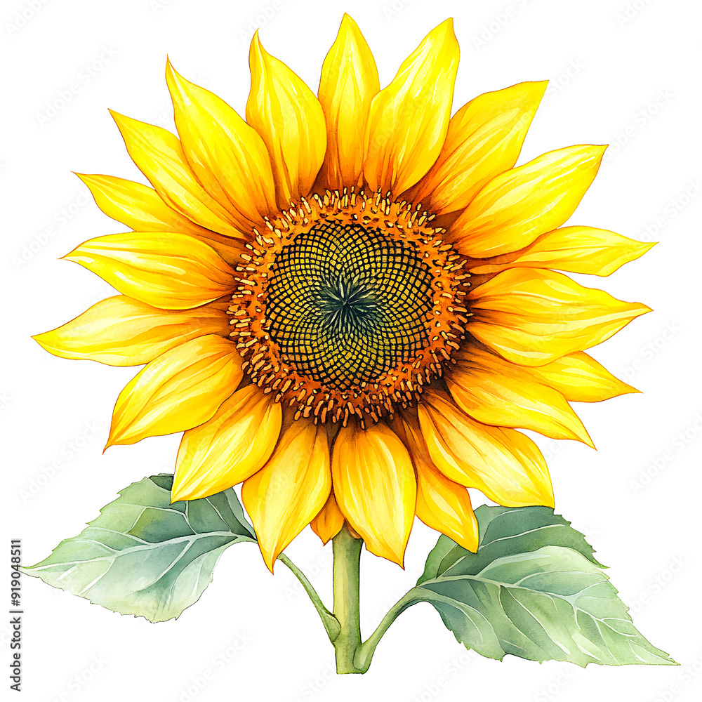Naklejka premium A vibrant sunflower with bright yellow petals and green leaves isolated on transparency PNG background, perfect for use in gardening content, nature-themed projects, or summer promotions