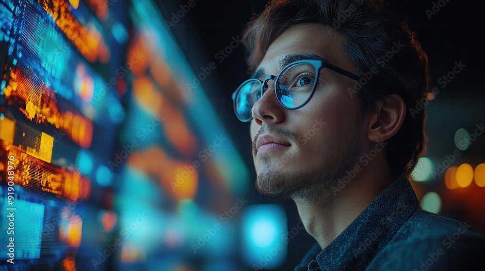Focused young man with glasses analyzing data on a vibrant digital screen at night, showcasing technology and innovation. Focused young man with glasses analyzing data on a vibrant digital screen at night, showcasing technology and innovation.