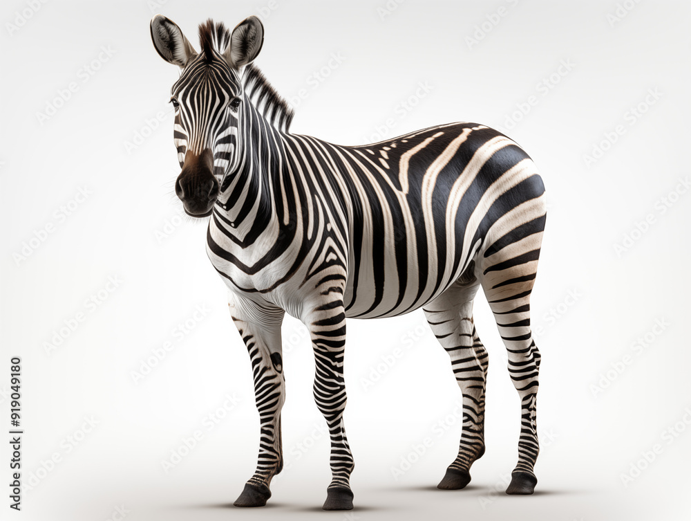 Fototapeta premium Zebra standing isolated on white background. Full body. African Savanna animal. Zoo and travel. Photography generated by AI