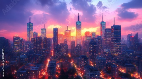 Wallpaper Mural A bustling city skyline at sunset, with buildings sparkling in the twilight. Torontodigital.ca