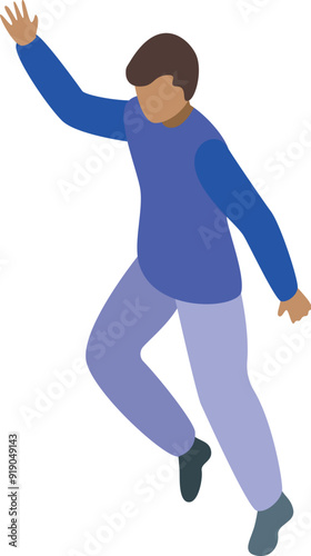 Young man is running and waving, perhaps greeting a friend or hailing a taxi