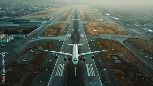 Passenger plane taking off from runway, ascending into the sky over airport during daytime, travel and aviation concept

