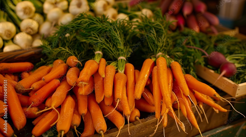 A bunch of carrots sitting on top of a wooden table A bunch of carrots sitting on top of a wooden table