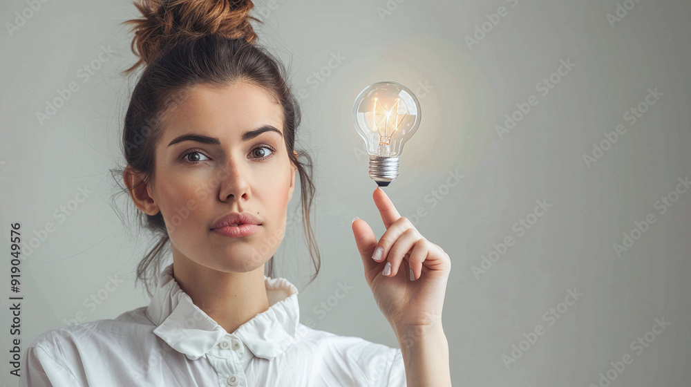 Businesswoman in a white shirt with a thumb up and a burning light bulb on a gray background. Concept of a new idea or plan Businesswoman in a white shirt with a thumb up and a burning light bulb on a gray background. Concept of a new idea or plan