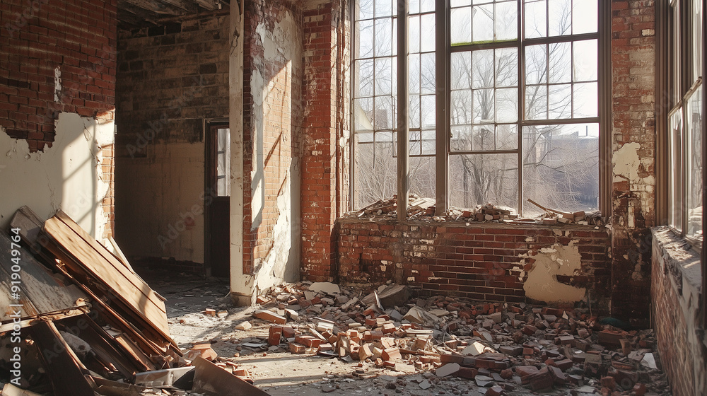 Interior of an abandoned, partially ruined brick building, where scattered bricks and rubble attest to its neglect. Interior of an abandoned, partially ruined brick building, where scattered bricks and rubble attest to its neglect.