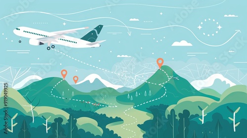 Airplane flying over scenic landscape with map pointers and dashed path lines, symbolizing travel, adventure, and journey planning in a minimalist vector illustration - ideal for tourism, navigation, 