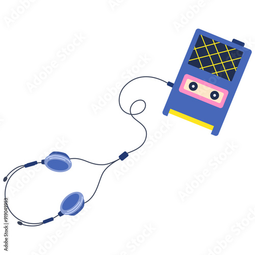 Retro cassette player with headphones for music records and radio playing. Vintage portable stereo walkman for magnetic tape, casettes. Flat vector illustration isolated on white background photo