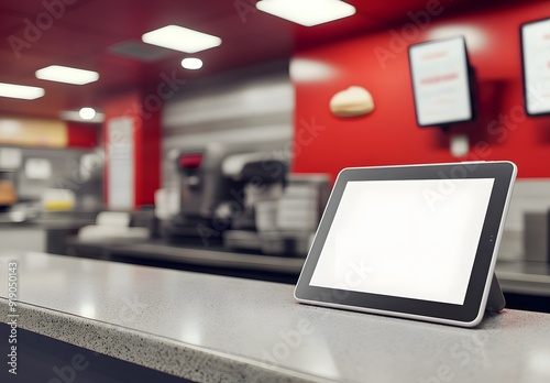 A blank tablet standing on the counter of an American fast food restaurant, in the style of a mockup, stock photo, high resolution, super realistic.