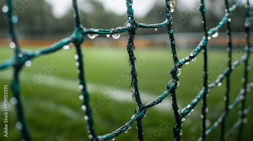 Close-up shot of the net of a soccer goal on a damp, grassy pitch, where raindrops have formed a shiny layer on the green grass. photo