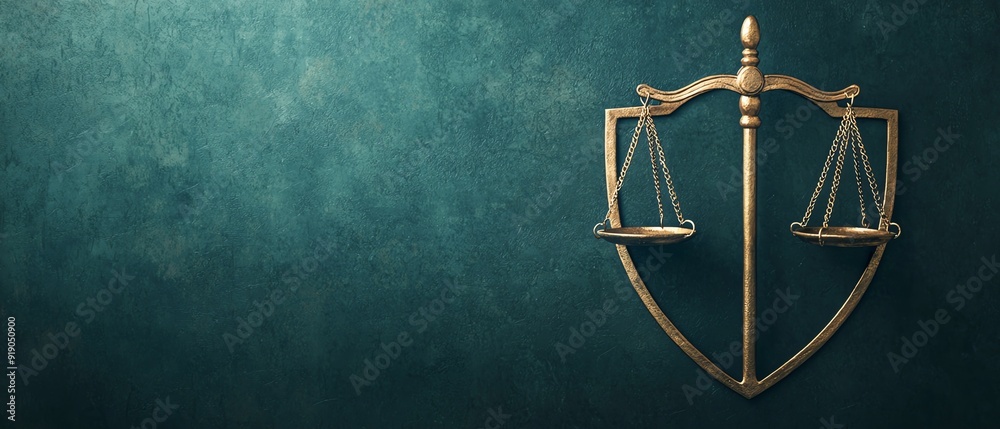 A flat shield with scales of justice in the center, protection through fair laws A flat shield with scales of justice in the center, protection through fair laws
