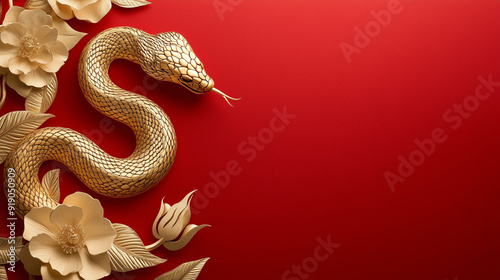 Luxury red and gold chinese snake new year background with copy space for text, snake year 2025, 2025 chinese new year