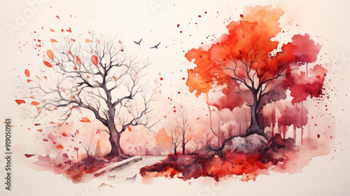 Autumn (Fall) beautiful watercolors nature art painting