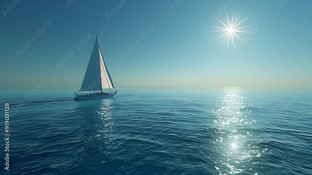 Fototapeta premium Yacht sailing on a calm blue ocean, bright and clear sky, sunlight shimmering on the water, detailed yacht and ocean textures, serene and luxurious atmosphere, hd quality, natural look.
