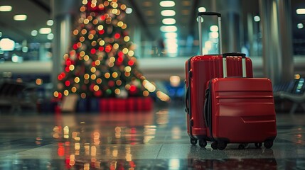 Red suitcases near decorated christmas tree in modern airport terminal – holiday travel concept with festive decorations and luggage for christmas vacation, winter getaways, and family reunions