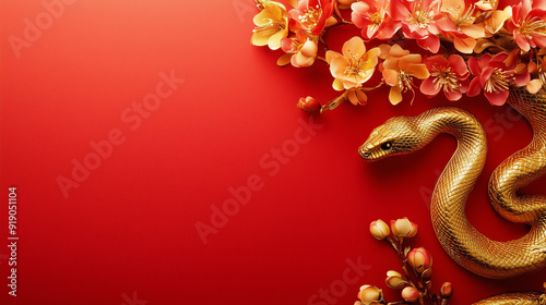 luxury red and gold chinese snake new year background with copy space for text, snake year 2025, Chinese banner, Happy New Year 2025 poster.