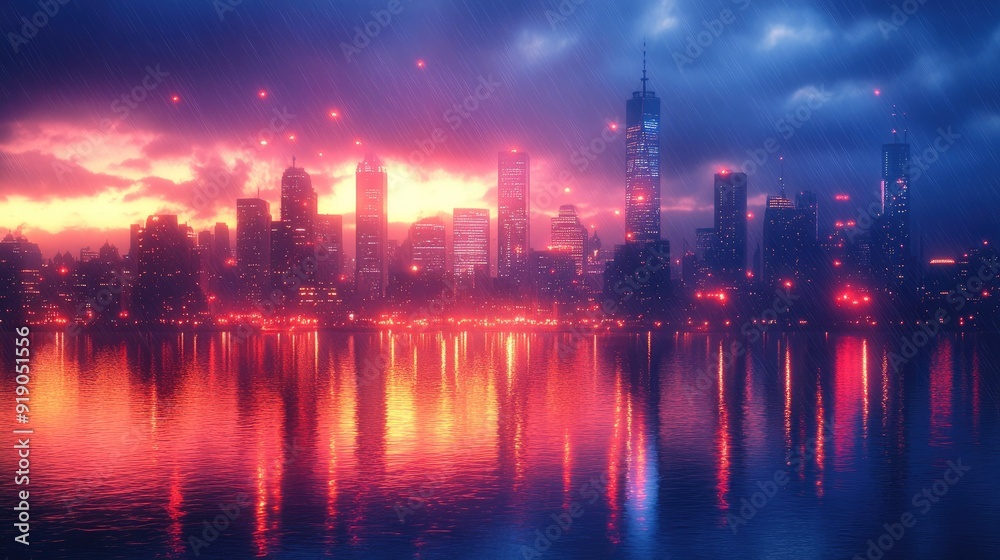 A city skyline at dawn, with sparkling lights fading as the sun rises. A city skyline at dawn, with sparkling lights fading as the sun rises.