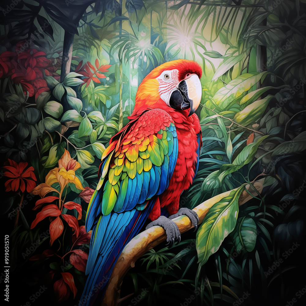 Obraz premium Tropical macaw parrot bird in jungle forest