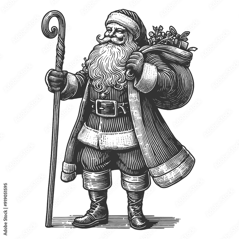 Obraz premium Santa Claus carrying a gift bag, classic Christmas spirit sketch engraving generative ai fictional character raster illustration. Scratch board imitation. Black and white image.