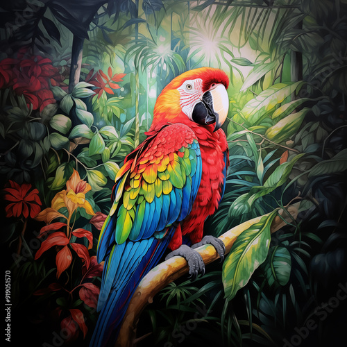 Tropical macaw parrot bird in jungle forest