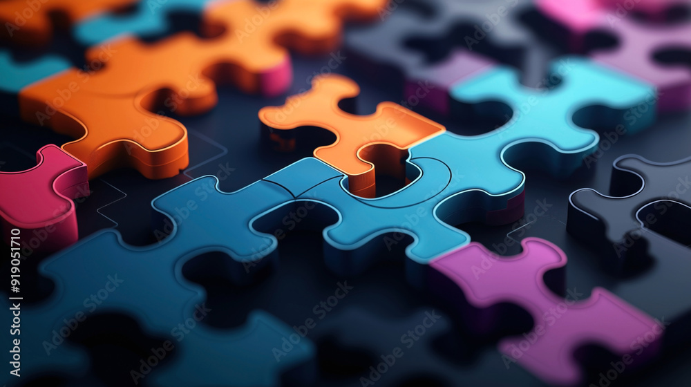 Close-up of colorful puzzle pieces interlocking together on a dark background Close-up of colorful puzzle pieces interlocking together on a dark background