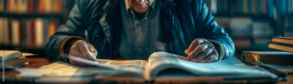 Obraz premium Man reading Braille, emphasizing accessibility in literacy