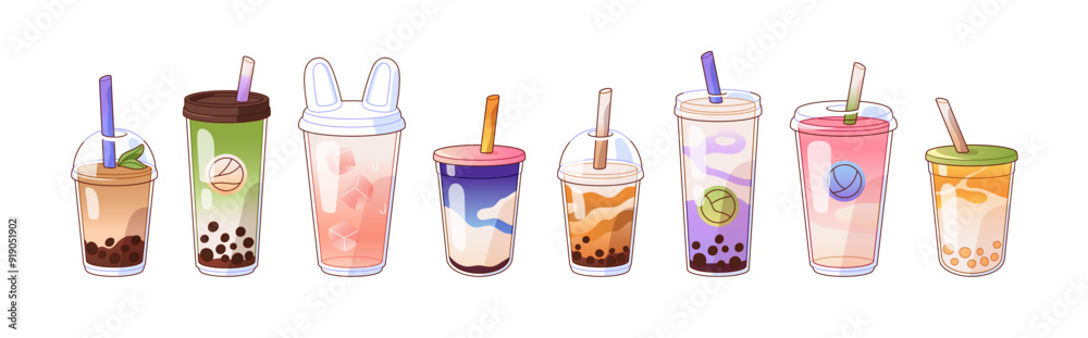 Bubble tea set. Boba drinks in cups with straw with different flavours. Ice coffee with milk, juice, milkshake. Beverages with matcha, taro, tapioca. Flat isolated vector illustrations on white Bubble tea set. Boba drinks in cups with straw with different flavours. Ice coffee with milk, juice, milkshake. Beverages with matcha, taro, tapioca. Flat isolated vector illustrations on white