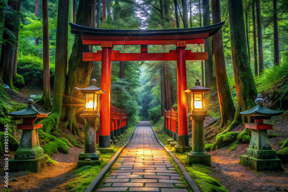 Tranquil Pathway Through Torii Gates Illuminated for Obon Festival Tranquil Pathway Through Torii Gates Illuminated for Obon Festival