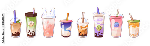 Bubble tea set. Boba drinks in cups with straw with different flavours. Ice coffee with milk, juice, milkshake. Beverages with matcha, taro, tapioca. Flat isolated vector illustrations on white