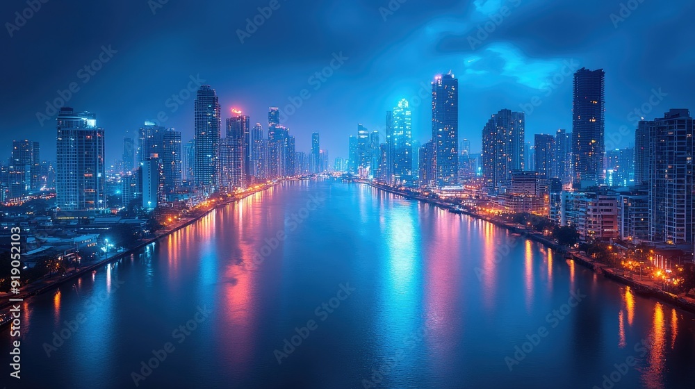 A cityscape at night, with sparkling lights reflecting in a calm river A cityscape at night, with sparkling lights reflecting in a calm river