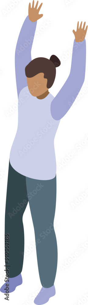 Young woman raising hands in celebration isometric icon Young woman raising hands in celebration isometric icon