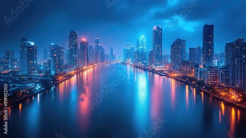 A cityscape at night, with sparkling lights reflecting in a calm river