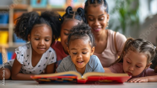 A teacher sharing a storybook with kids, fostering early literacy skills.