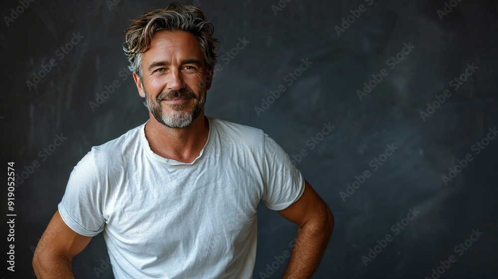 Portrait of a smiling middle aged man in white T-shirt. Portrait of a smiling middle aged man in white T-shirt.