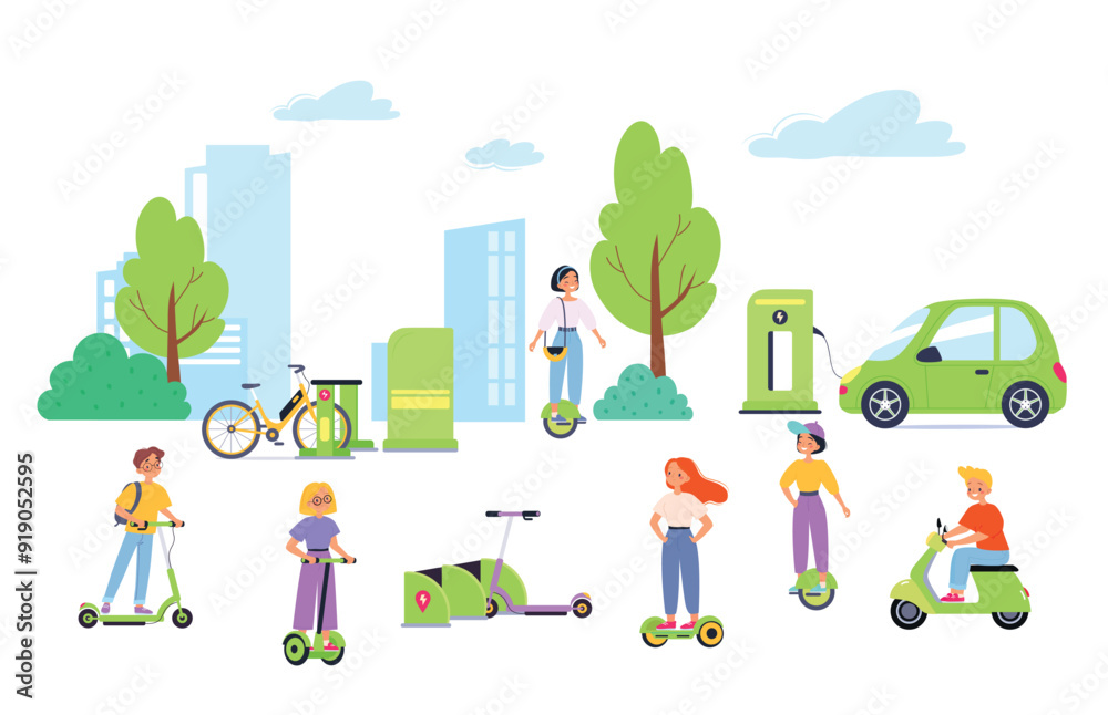 Electric Transport with Man and Woman Character Ride Eco-friendly Vehicle Vector Set Electric Transport with Man and Woman Character Ride Eco-friendly Vehicle Vector Set