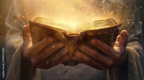 Hands of a man holding the holy bible, light radiating over the scriptures, Religious concept