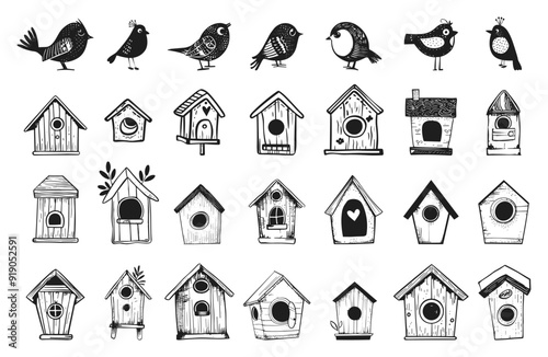 Birdhouse black and white simple doodle elements set. Spring birds nesting boxes. Small homes for little songbirds. Cute hand drawn isolated vector clipart collection