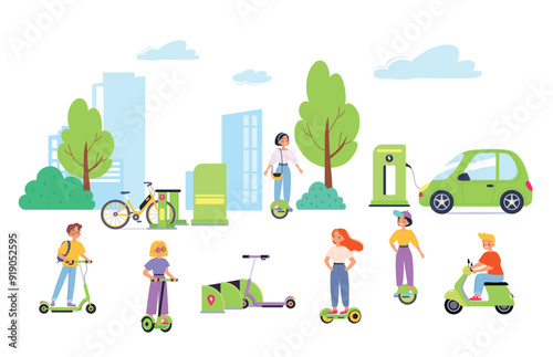 Electric Transport with Man and Woman Character Ride Eco-friendly Vehicle Vector Set