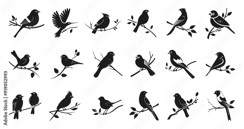 Birds on the tree branch icons set. Little various songbirds silhouettes. Nature and tranquility symbol. Freedom and harmony of wild life. Black and white flat style isolated vector clipart collection Birds on the tree branch icons set. Little various songbirds silhouettes. Nature and tranquility symbol. Freedom and harmony of wild life. Black and white flat style isolated vector clipart collection