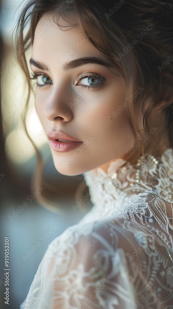 Close-up portrait of a woman with blue eyes, wearing a white lace dress. Close-up portrait of a woman with blue eyes, wearing a white lace dress.