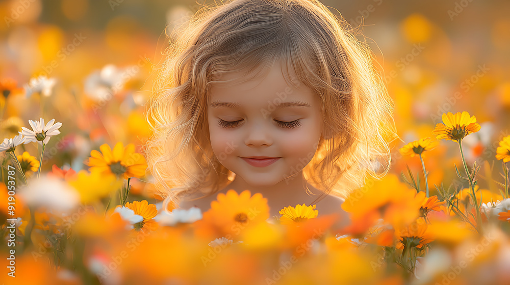 A joyful child surrounded by vibrant orange flowers, capturing the essence of innocence and the beauty of nature. A joyful child surrounded by vibrant orange flowers, capturing the essence of innocence and the beauty of nature.