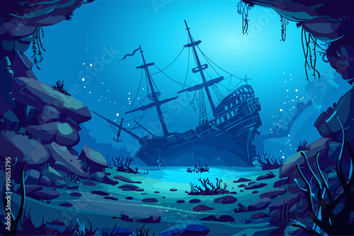Blue underwater landscape with sunken old pirat ship. Sea or ocean undersea with ship wreck vessel, wooden boat. Coral reef silhouettes. Sun light from above. Cartoon style vector illustration