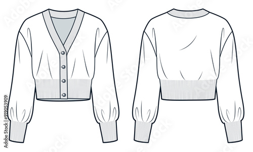 Knit Cardigan technical fashion illustration. V Neck Sweater fashion flat technical drawing template, crop, balloon sleeve, button, relaxed fit, front, back view, white, women, men, unisex CAD mockup.