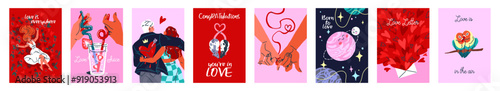 Valentine day postcard set. Design of 14 February cards. Love letters with flowers, hearts, hands. Funny and cute gift to expression romantic feelings, affection, tenderness. Flat vector illustrations