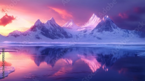 Snowy Mountains Reflecting in Calm Water at Sunset