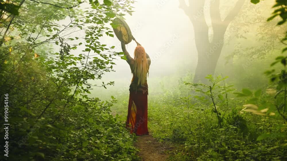 Sexy fantasy woman shaman holds drum in hands back rear view, plays music beats mystery melody. Magic dark forest green grass trees fog mist smoke. Fairy Girl boho style brown dress red hair art 4k.