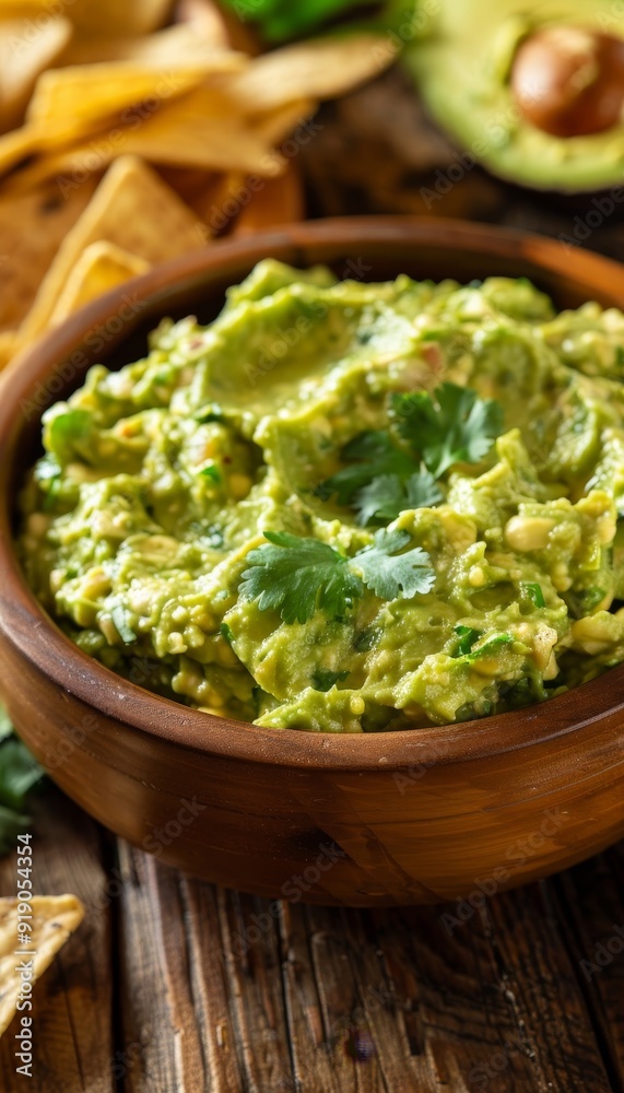 Closeup of Fresh, Homemade Guacamole with Cilantro in a Wooden Bowl. Perfect Avocado Dip Closeup of Fresh, Homemade Guacamole with Cilantro in a Wooden Bowl. Perfect Avocado Dip