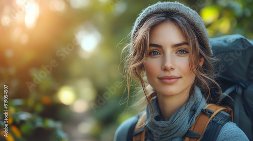 A young woman with a backpack in a sunlit forest, exuding confidence and adventure amid nature's beauty. photo