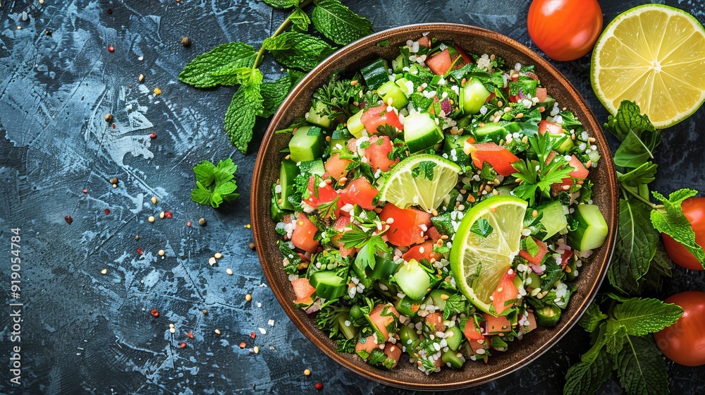 Traditional Tabbouleh Salad with Fresh Herbs, Tomatoes and Cucumber. Healthy Vegan Food Traditional Tabbouleh Salad with Fresh Herbs, Tomatoes and Cucumber. Healthy Vegan Food